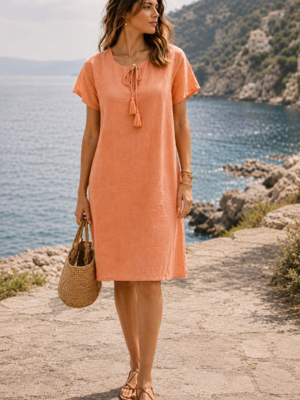 Valentina Naldi Dress Italian Linen Flutter Sleeve Midi Casual Relaxed Vacation